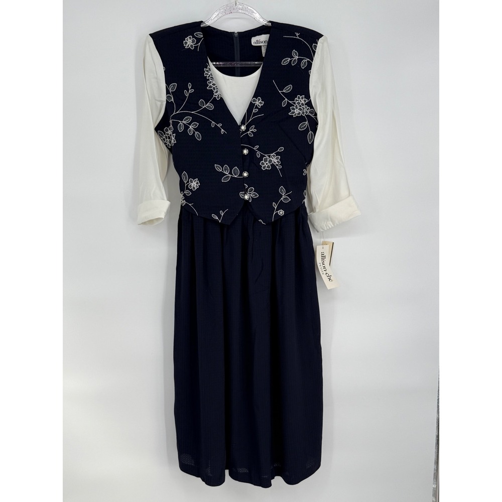 Allison-Che VTG 80s Navy Floral Embroidered Dress Vest Set Midi Length Womens 6P